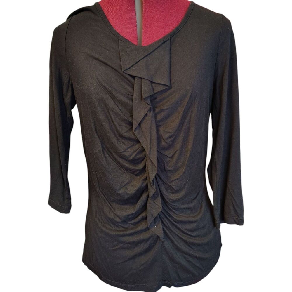 Talbots Black Gathered Ruffle Front V-neck 3/4 Sleeve Blouse Size S